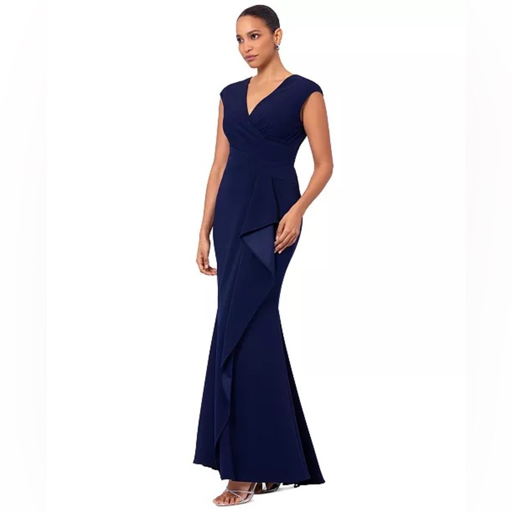 Betsy & Adam Women's Blue V-Neck Lined Ruffle-Front Scuba Crepe Dress Size 4 - Picture 1 of 10